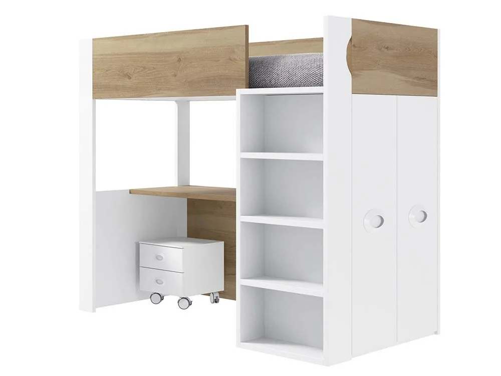 Cama alta con escritorio y armario Pixi