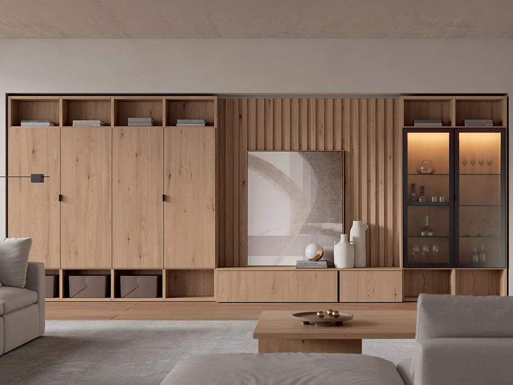 [15005] Librería para salón con panel alistonado 01