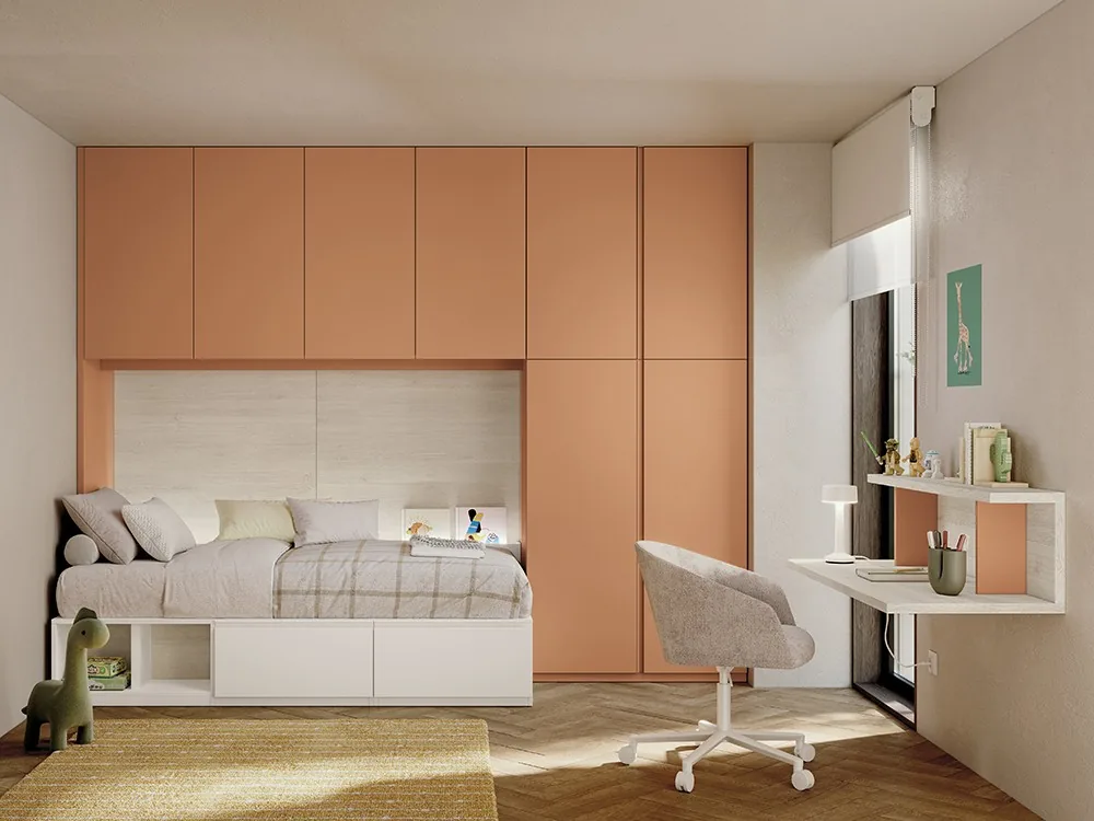 Dormitorio con puente de armarios Juno 03