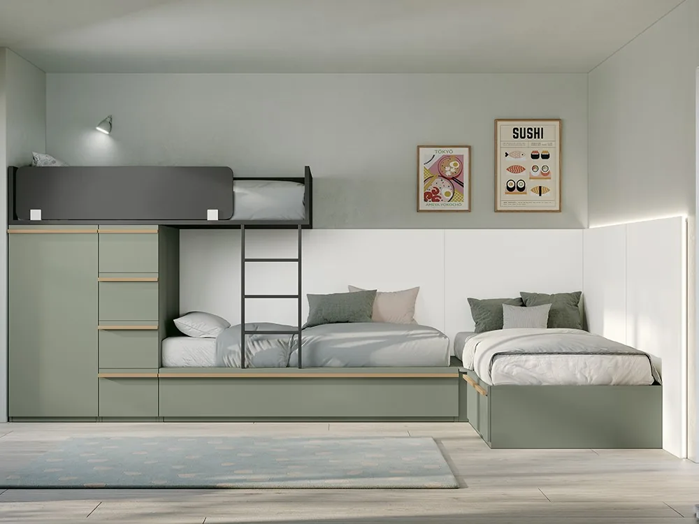 Dormitorio con tres camas y arrastre Juno 36