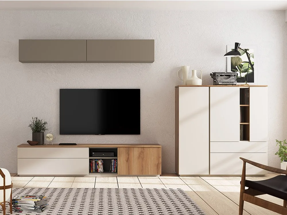 Pack de mueble TV, aparador y módulo alto Livia (Arena)
